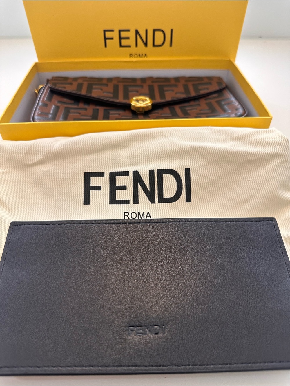 Brown and Black FF Logo Crossbody Wallet with Gold Accent - Picture 3 of 5